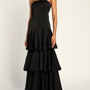 Blissfully Beautiful Black Satin Strapless Tiered Maxi Dress